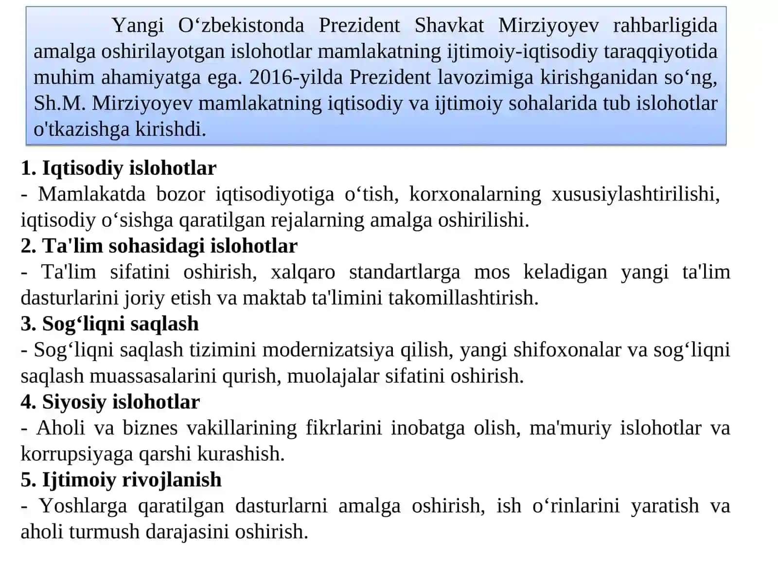 Yangi O’zbekistonda Prezident Sh.M.Mirziyoyev rahbarligi va tashahbbusi ostida amalga oshirilayotgan islohotlar 3