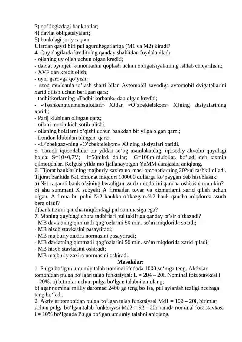 PUL VA QIMMATLI QOG‛OZLAR BOZORI. PUL-KREDIT TIZIMI 3