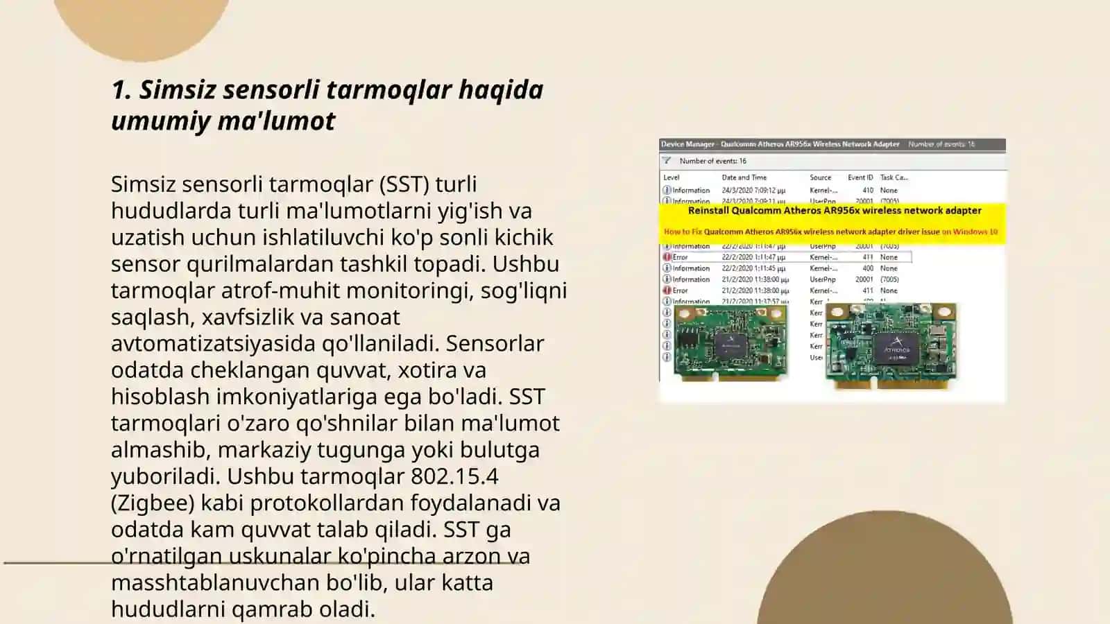 Simsiz sensor tarmoqlari simsiz sensorli tarmoq tizimlarining xususiyatlari 3