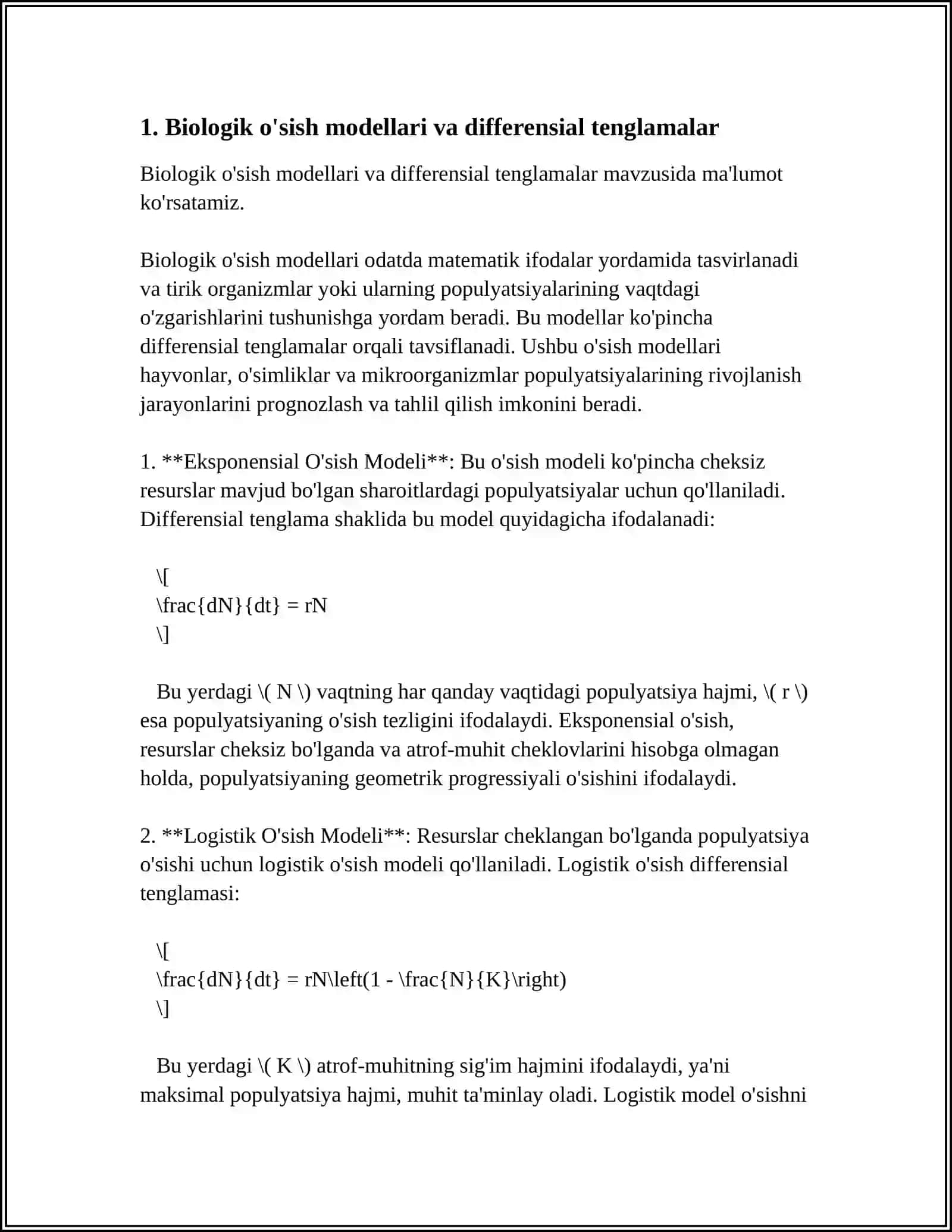Biologik o'sish modellari va differensial tenglamalar 3