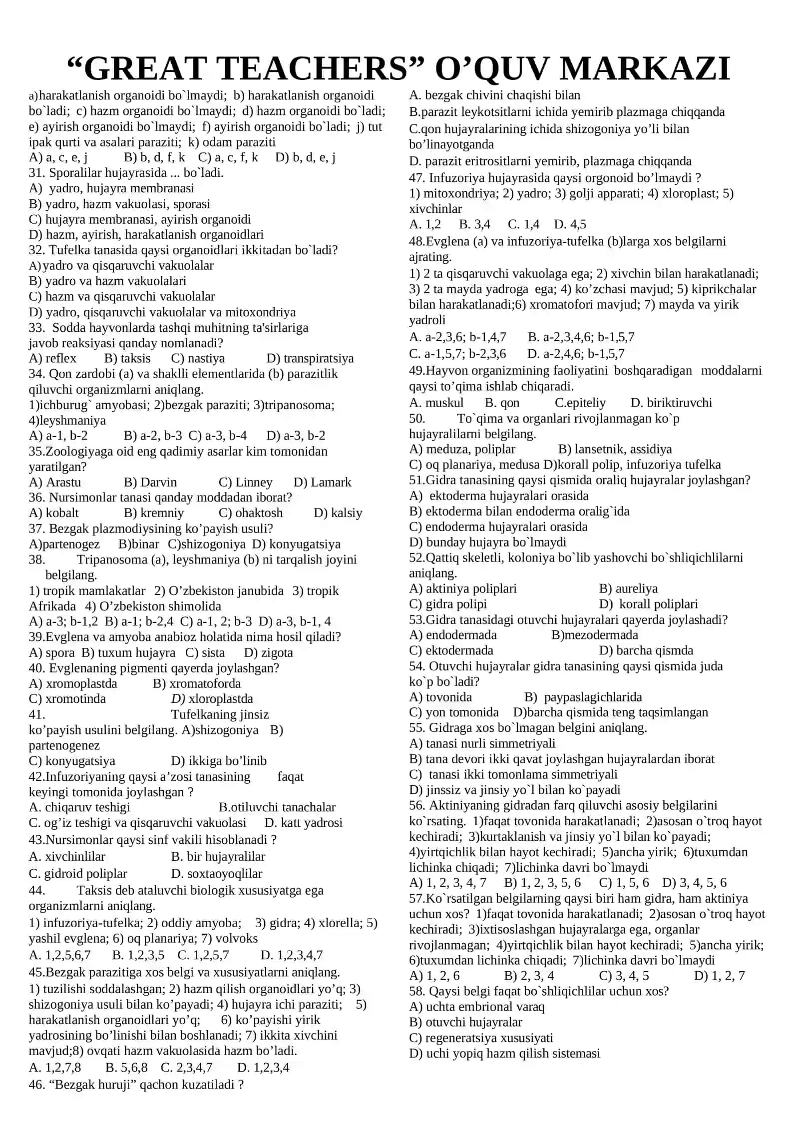 zoologiya test savollar 1000 talik 3