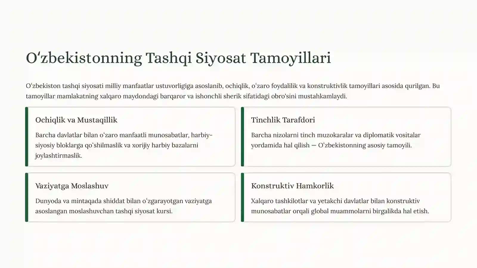 Yangi Oʻzbekiston Tashqi Siyosati: Konstruktiv Fan va Global Hamkorlik 3