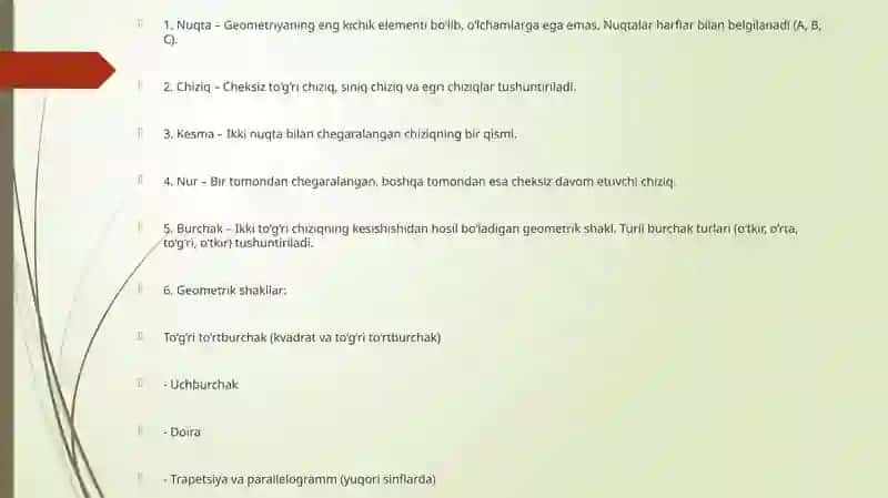 Geometriya elementlarini o'rgatish metodikasi 3