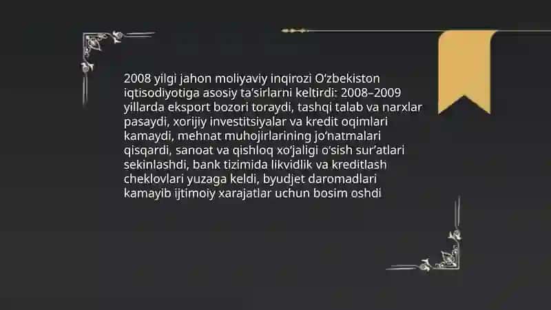 2008 yilgi jahon moliyaviy inqirozining Oʻzbekistonga ta'siri va uning oqibatlarini bartaraf etish choralari 3