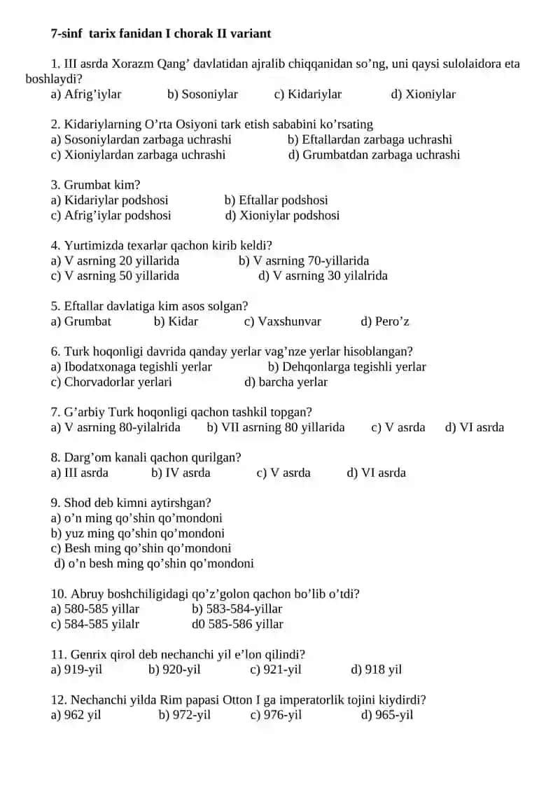 7-sinf tarix fanidan I chorak I variant 3