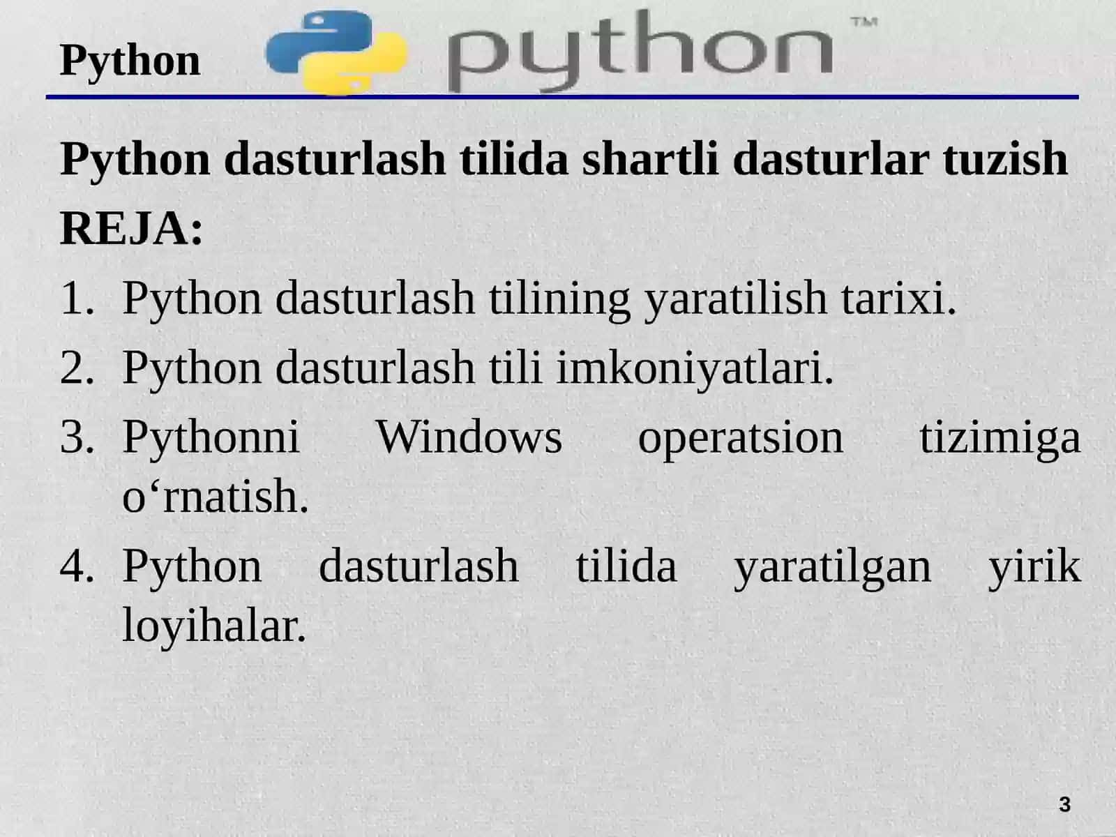 ZAMONAVIY DASTURLASHTIRISH TILLARI FANIDAN TAYYORLAGAN TAQDIMOTI 3