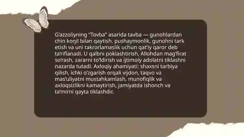 G’azzoliyning Tovba asari asosida “Din va axloq” 3