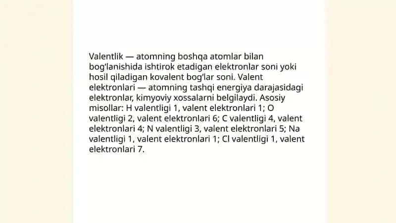 Valentlik. Elektromanfiylik. Kimyoviy bogʻlanish 3