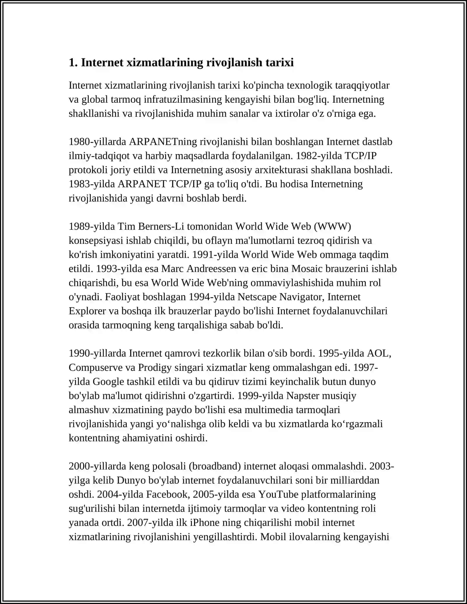 INTERNETNING ZAMONAVIY XIZMATLARI. INTERNETNING RIVOJLANISH TARIXI 3