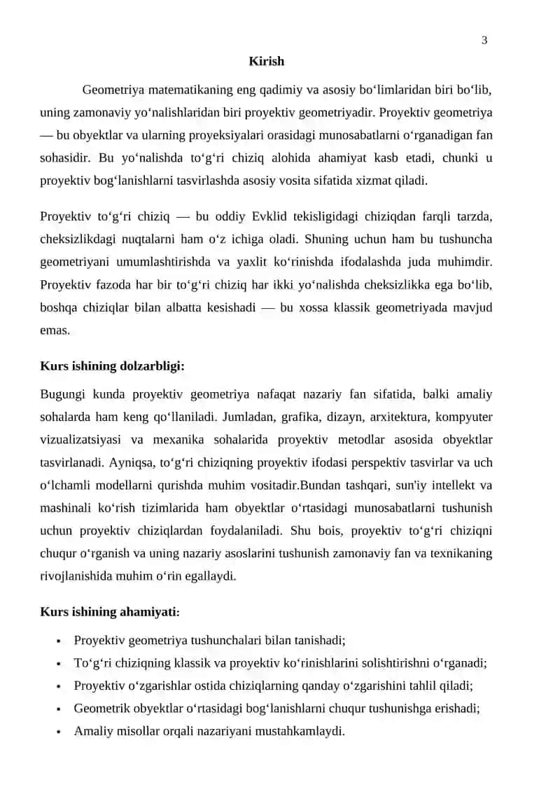 Proyektiv to’g’ri chiziq mavzusidagi KURS ISHI 3