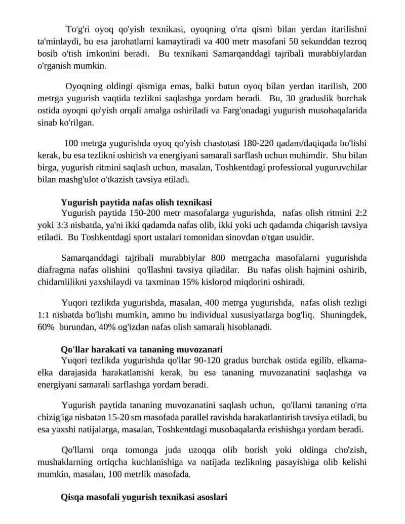 Qisqa masofaga yugurish texnikasini oʻrgatish 3