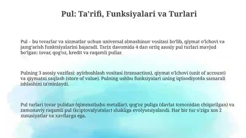 Pul: Ta'rifi, Funksiyalari va Turlari 3