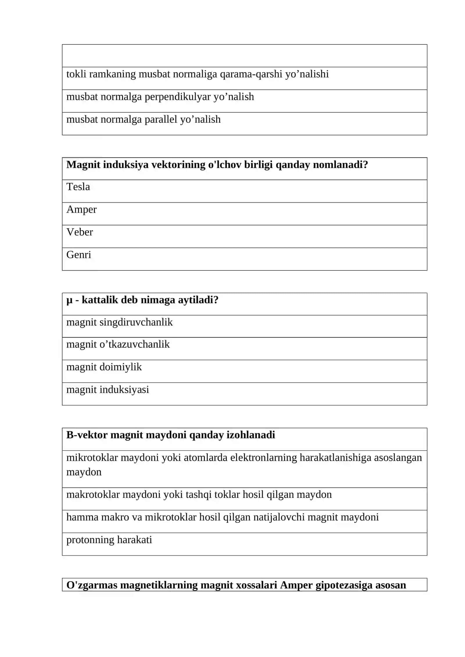 Fizika fani oraliq testlar 3