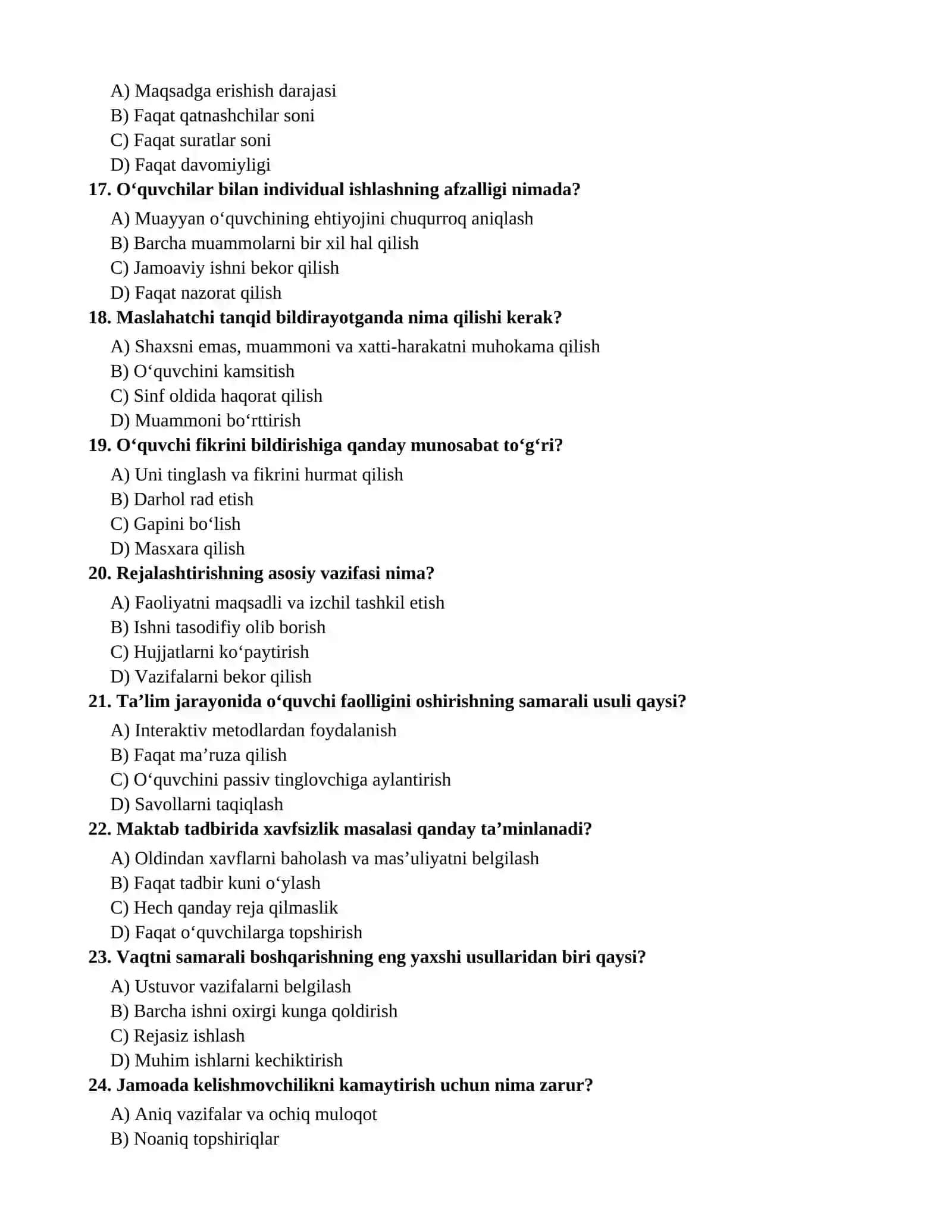 MAKTAB MASLAHATCHISI LAVOZIMIGA ISHGA KIRISH UCHUN SINOV TESTLARI 3