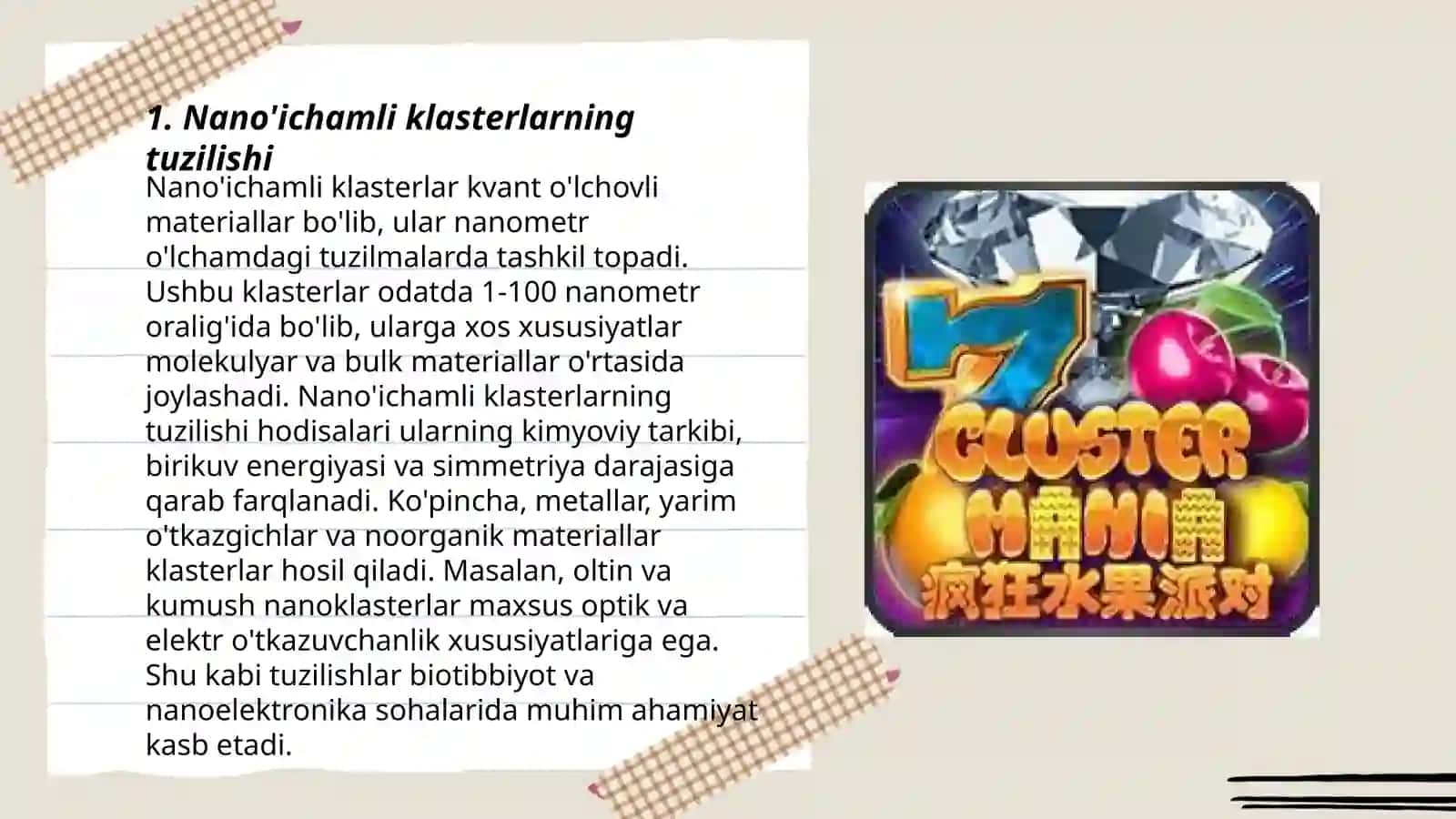 Nanoo'Ichamli klasterlar va kristallar. Nanotexnologiya 3