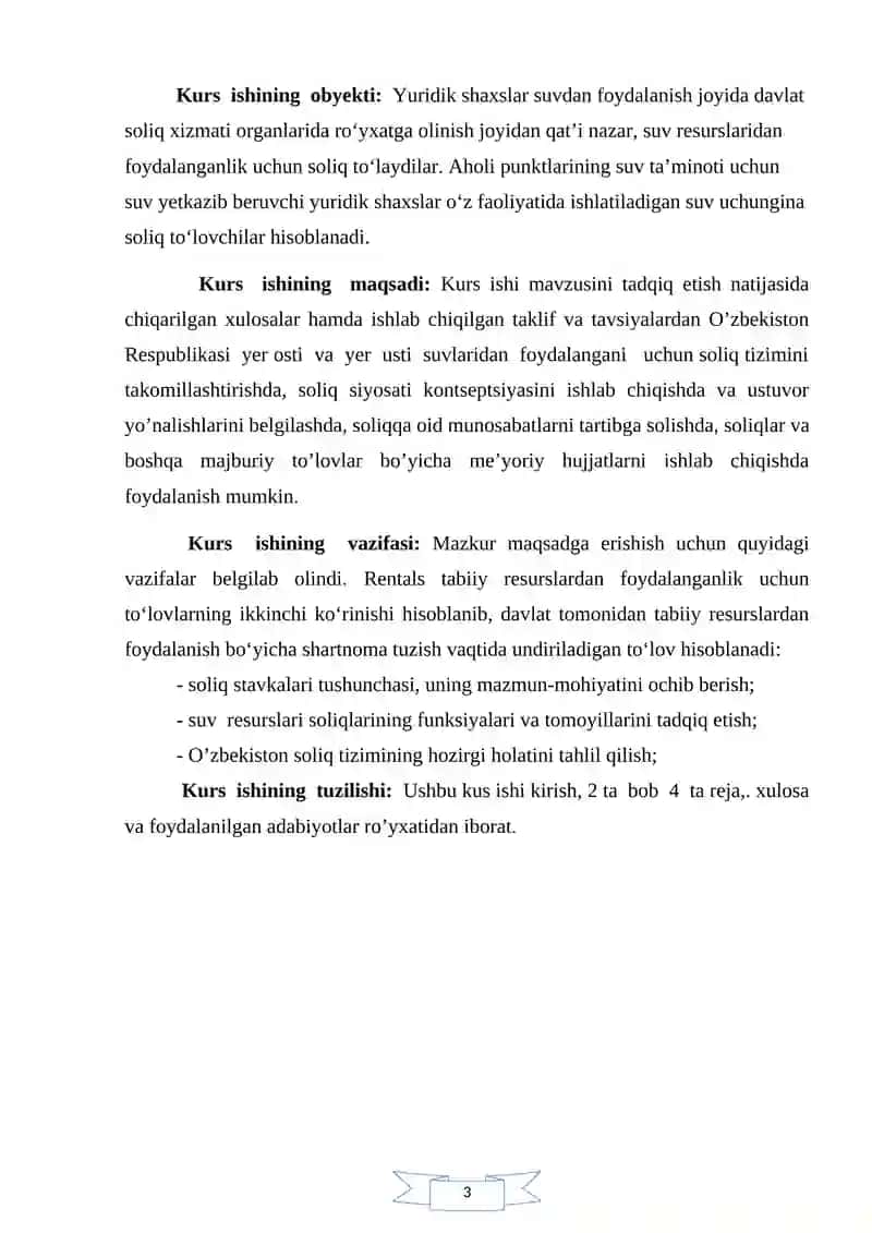 Suv Resurslaridan Foydalanganlik uchun Soliq Tartibi 3