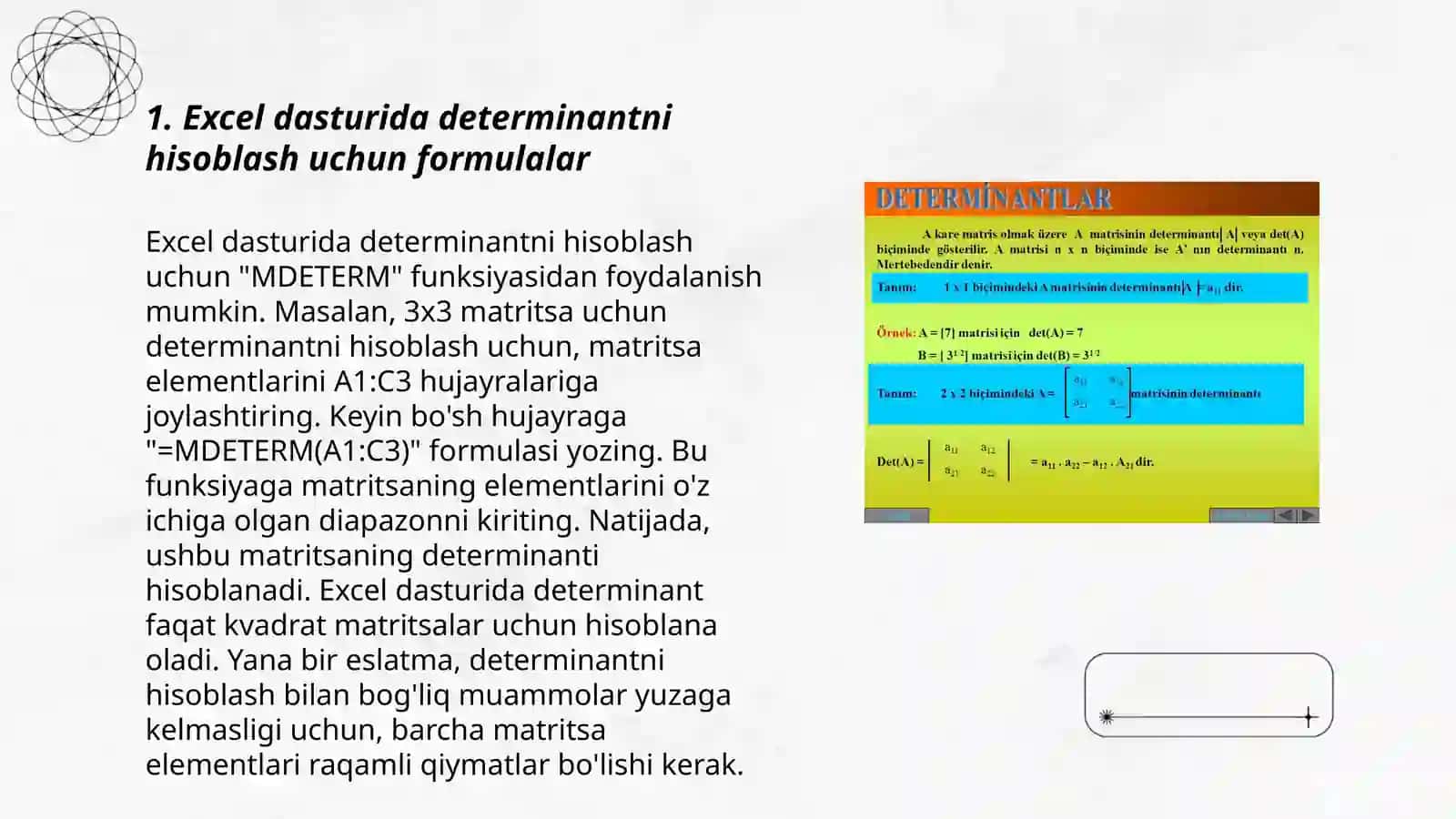 MS excel dasturida determinantlarini va teskari matritsani hisoblashga doir misollar yechish 3