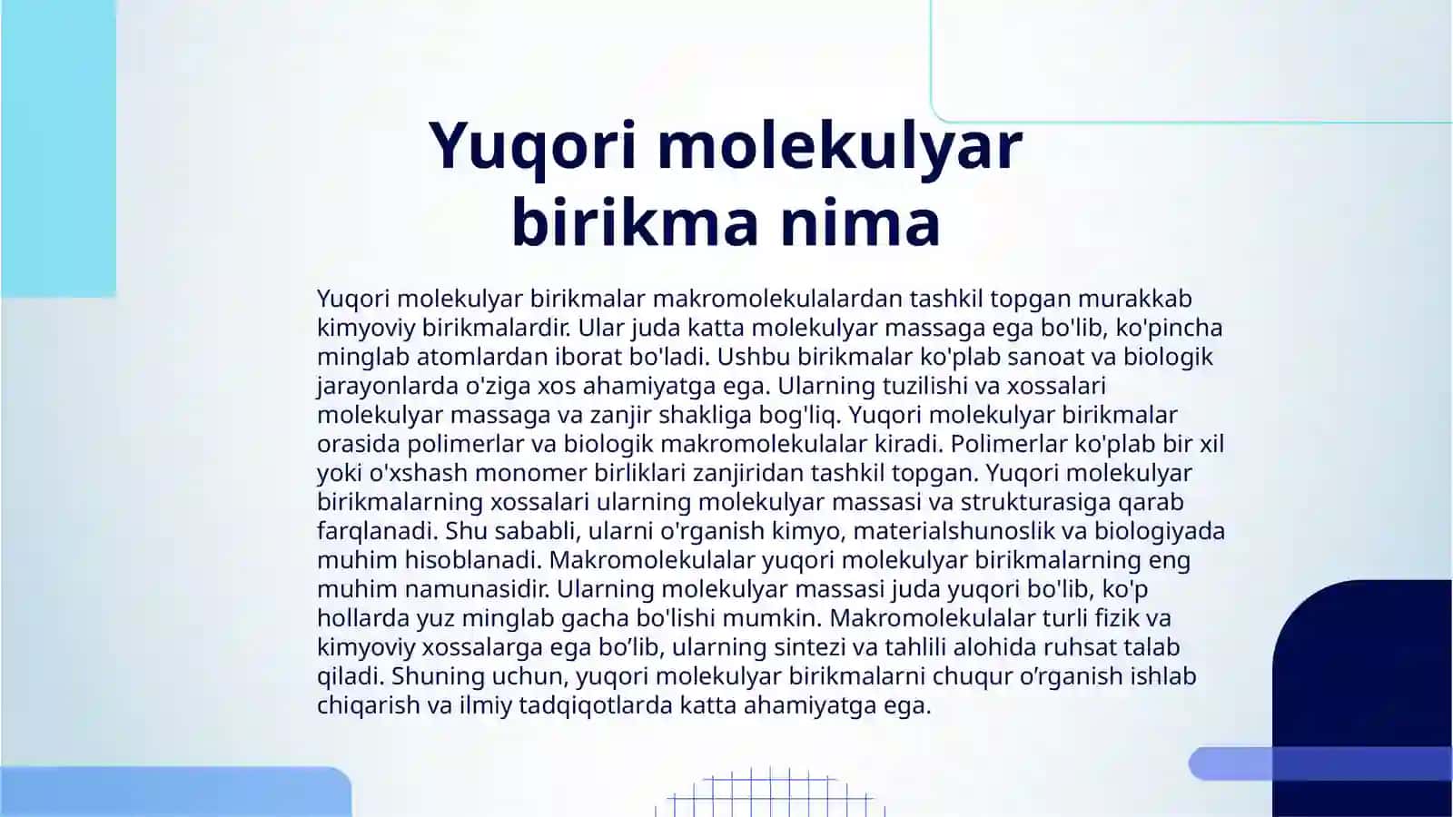 YUQORI MOLEKULYAR BIRIKMALARNING MOLEKULYAR MASSASI. MAKROMOLEKULA, POLIMER ZANJIRI 3