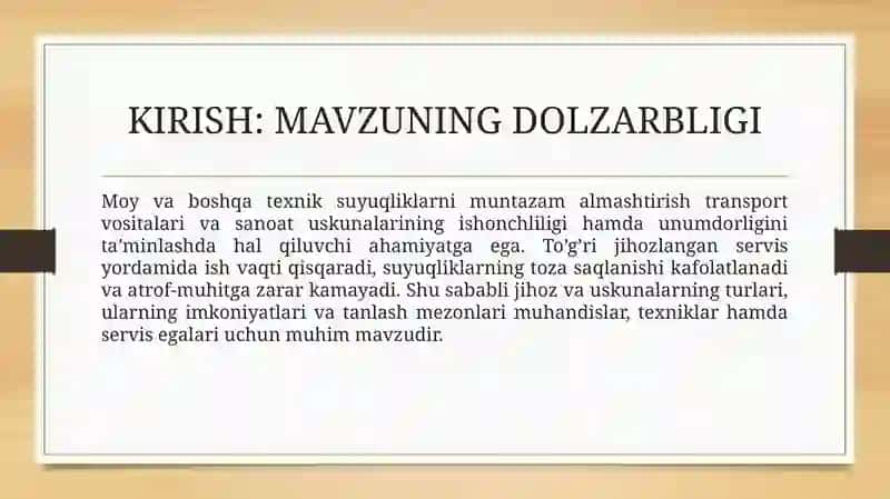 Moy va texnik suyuqlik larni almashtirish haqida ma'lumot. 3