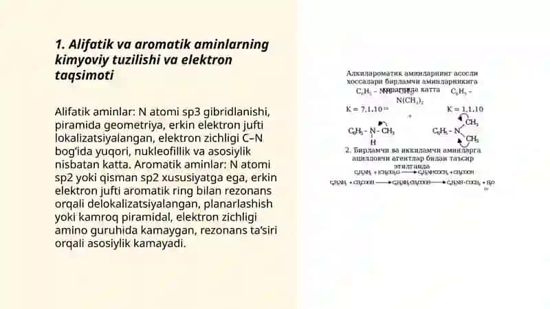 Alifatik va Aromatik aminlarning asosiy xossalarini solishtirish 3