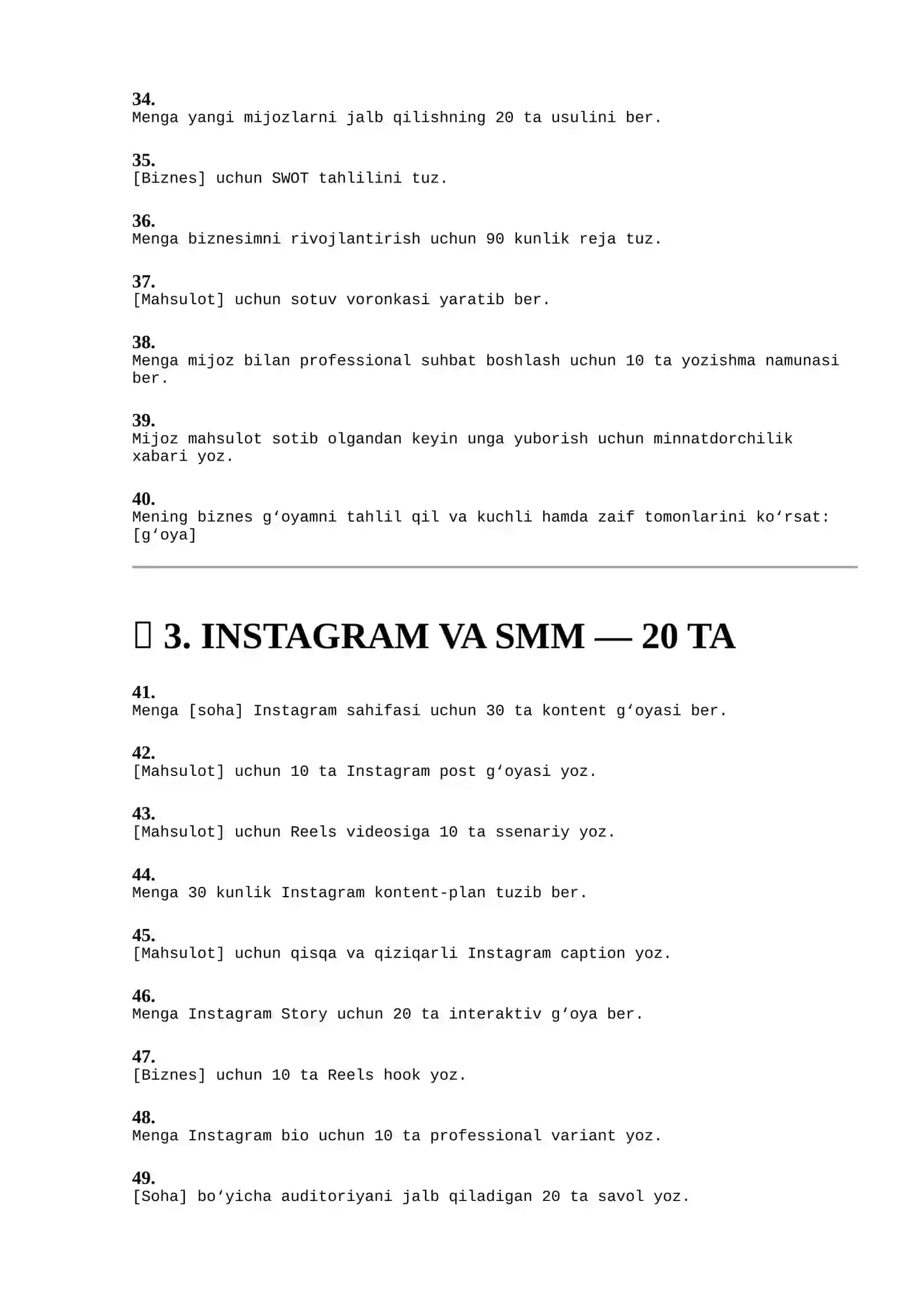 ChatGPT uchun 100 ta foydali Prompt — O‘qish, Biznes, SMM va Freelance 3