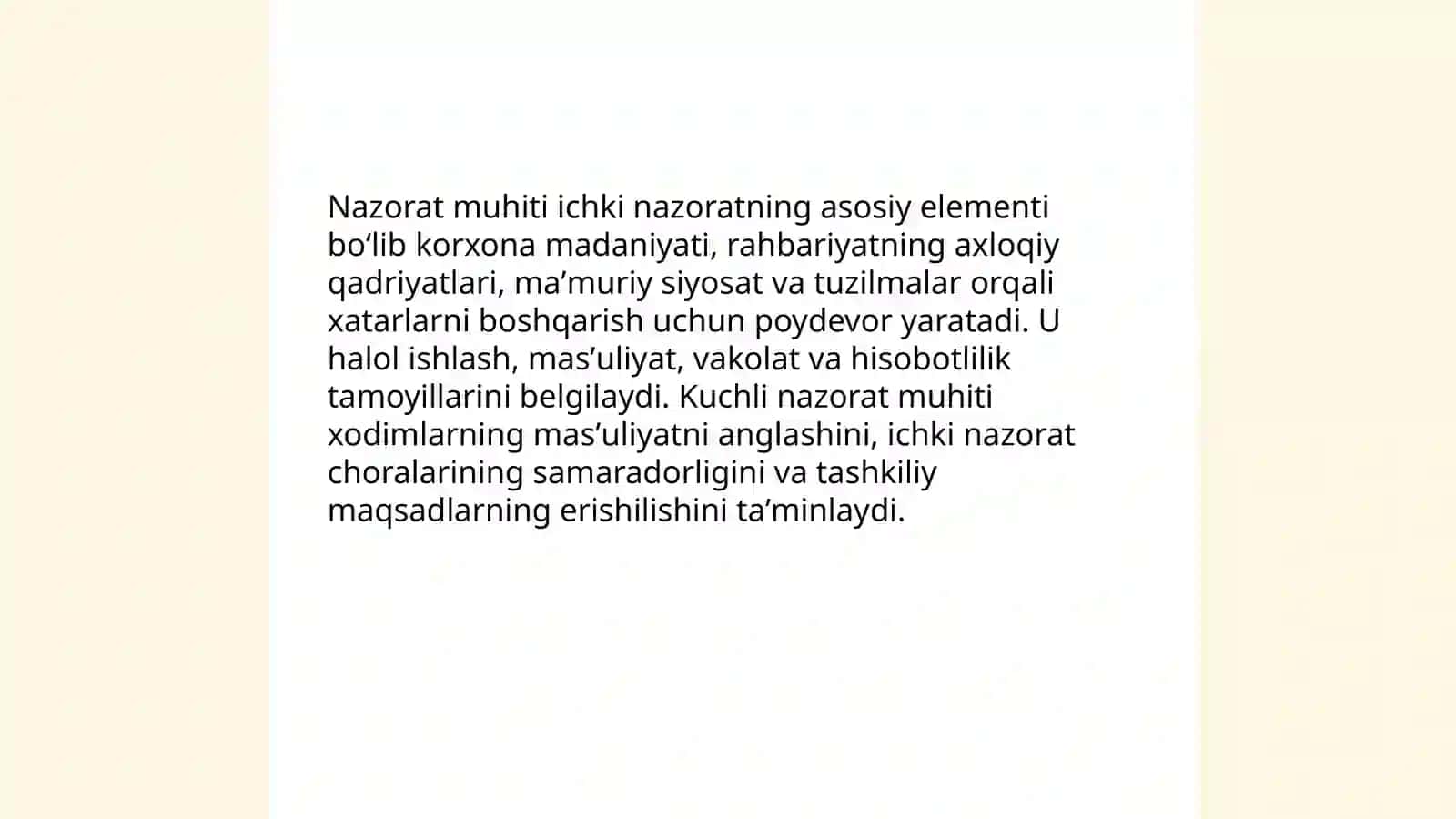 Ichki nazoratning nazorat muhiti elementi tavsifi va uning prinsiplari 3