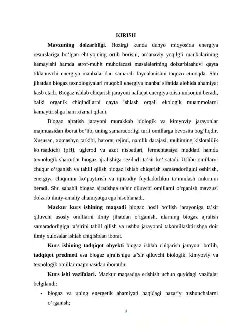 Biogaz hosil qilish kurs ishi 3