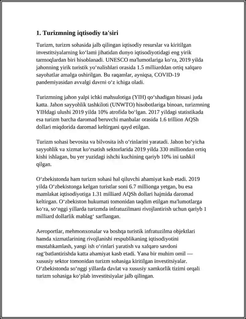 Turizmning iqtisodiy kõrsatkichlarini bashoratlash 3