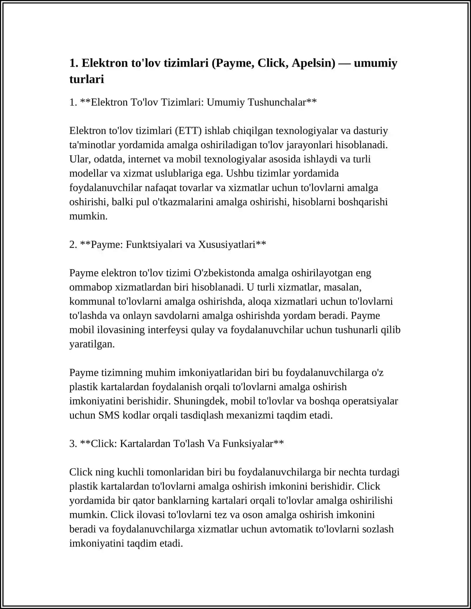 ELEKTRON TO 'LOV TIZIMLARI (PAYME, CLICK, APELSIN) TURLARI VA AZALLIKLARI 3
