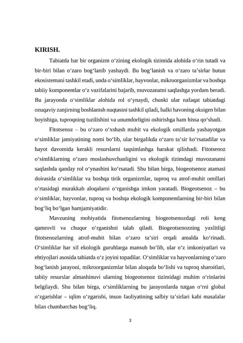 "Fitotsenoz va uning biogeotsenozdagi o'rni." kurs ishi 3