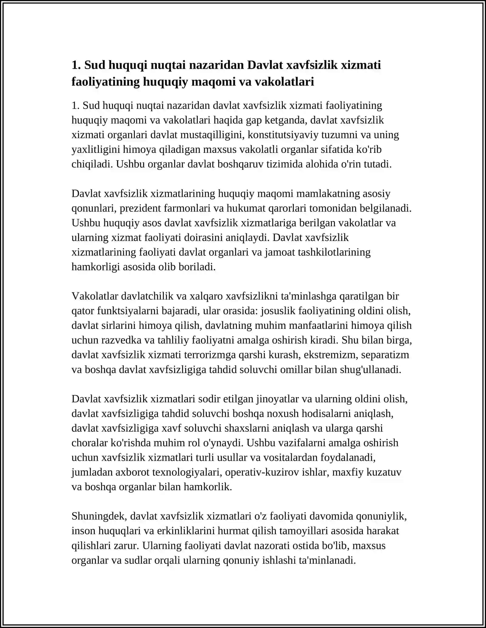 SUD HUQUQI FANIDAN: DAVLAT XAVFSIZLIK XIZMATI HAQIDA MUSTAQIL ISH 3