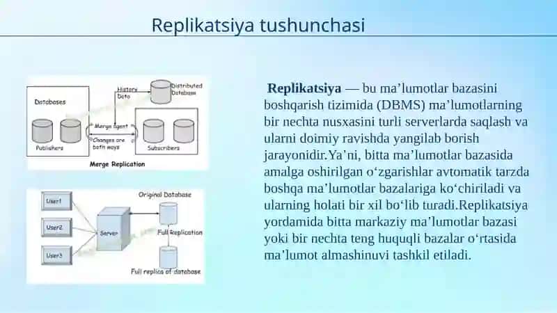 DBMSda replikatsiya: maqsadi, turlari va topologiyalari. 3