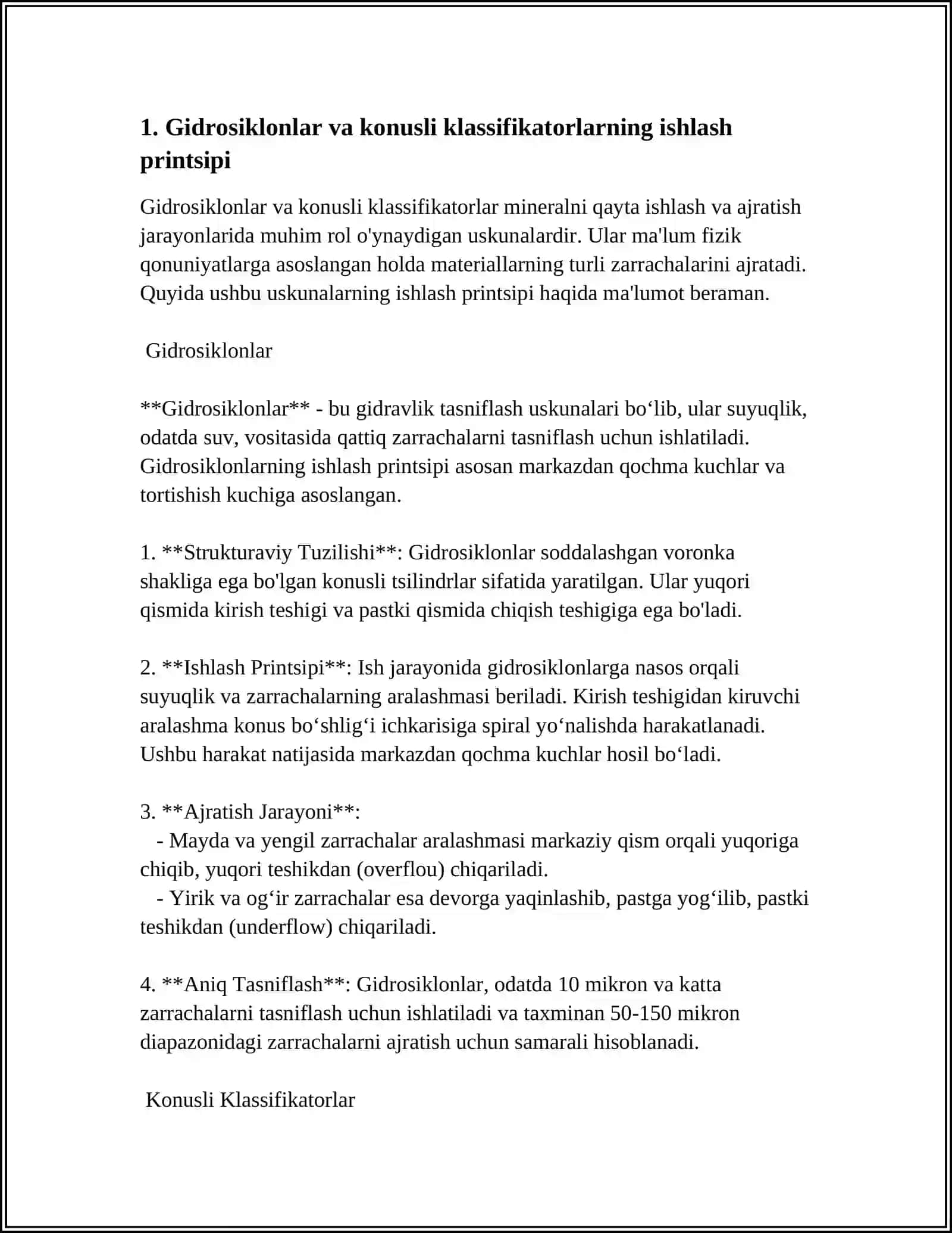 Gidrosiklonlar va konusli klassifikator 3