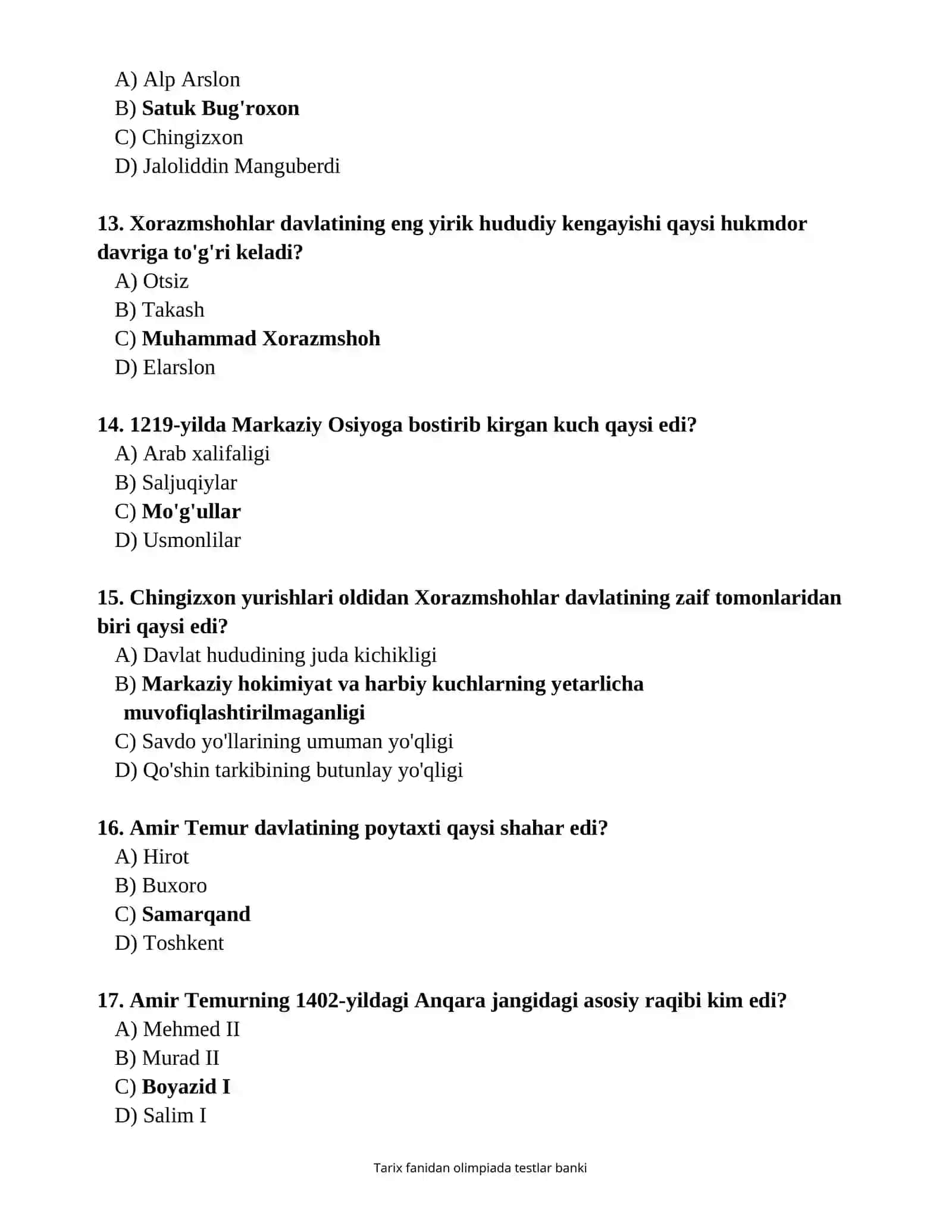 2026/2027-TARIX FANIDAN OLIMPIADAGA TAYYORLANISH UCHUN TESTLAR JAVOBLARI BILAN 3