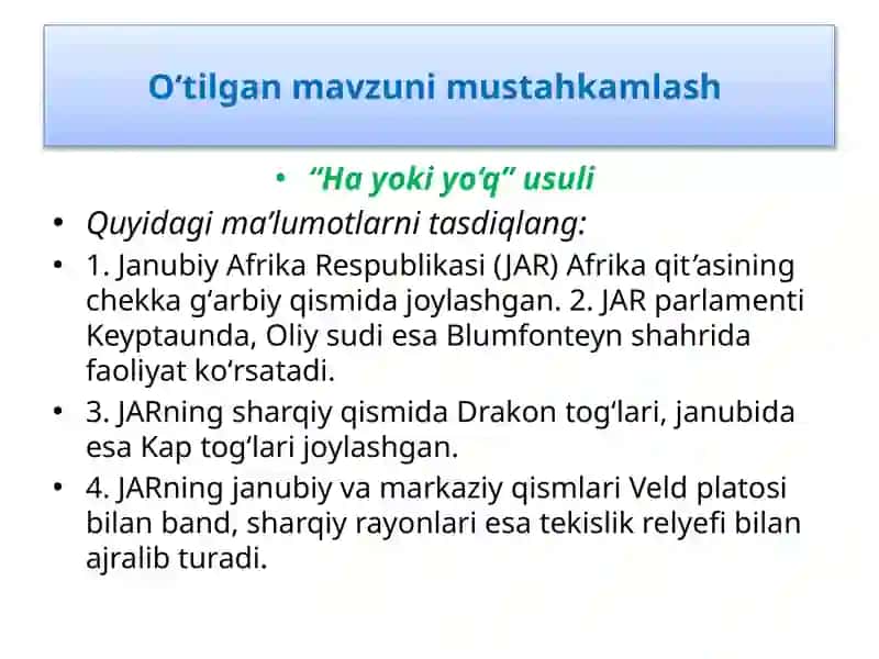 O‘tilgan mavzuni mustahkamlash 3