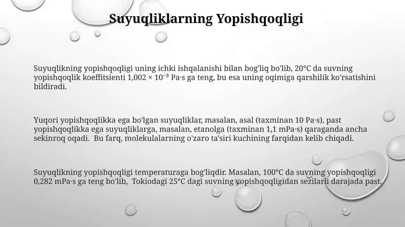 Suyuqliklar molekulyar tuzilishining xususiyatlari 3