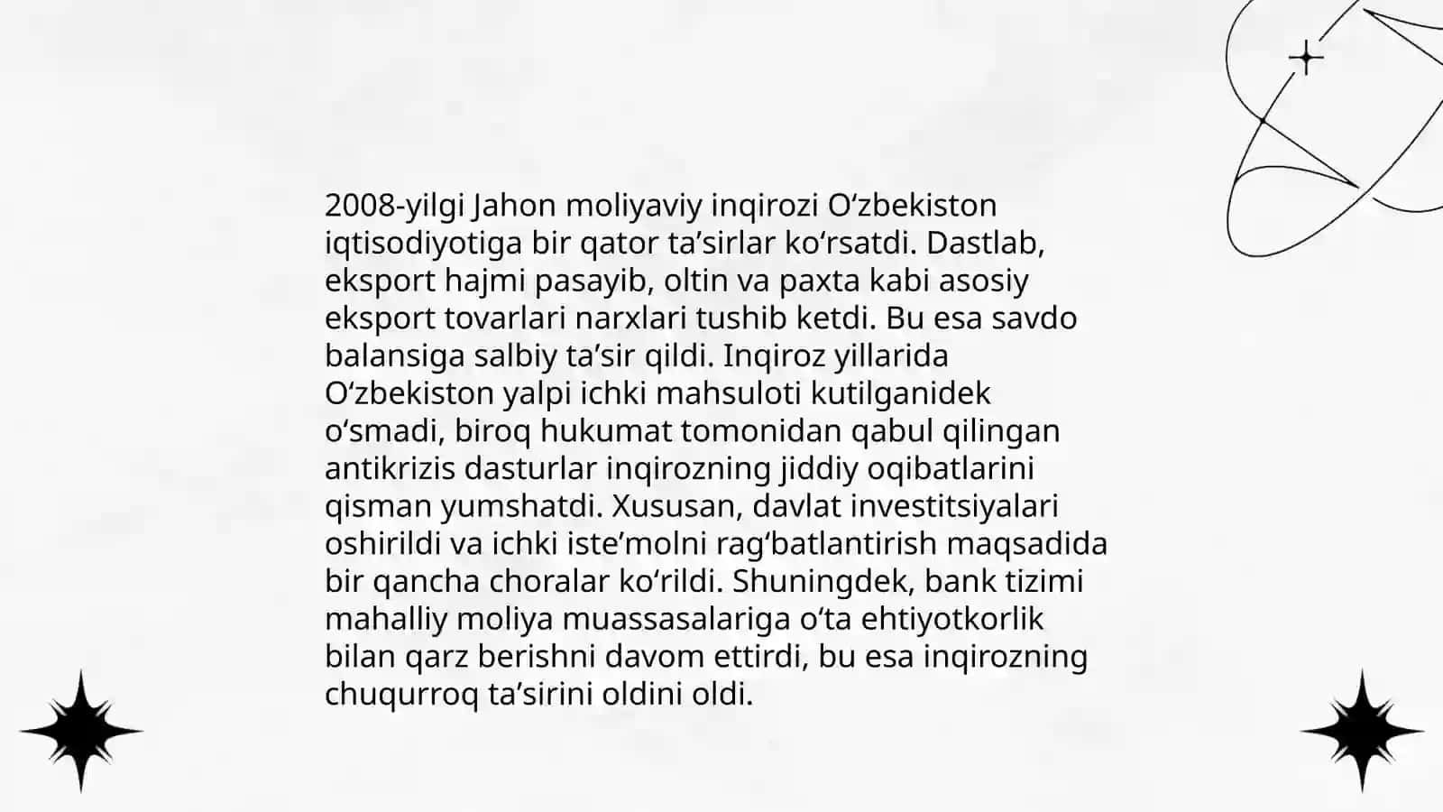 2008-yilgi Jahon moliyaviy inqirozining Ozbekistonga taʼsiri va uning oqibatlarini bartaraf etish choralari 3
