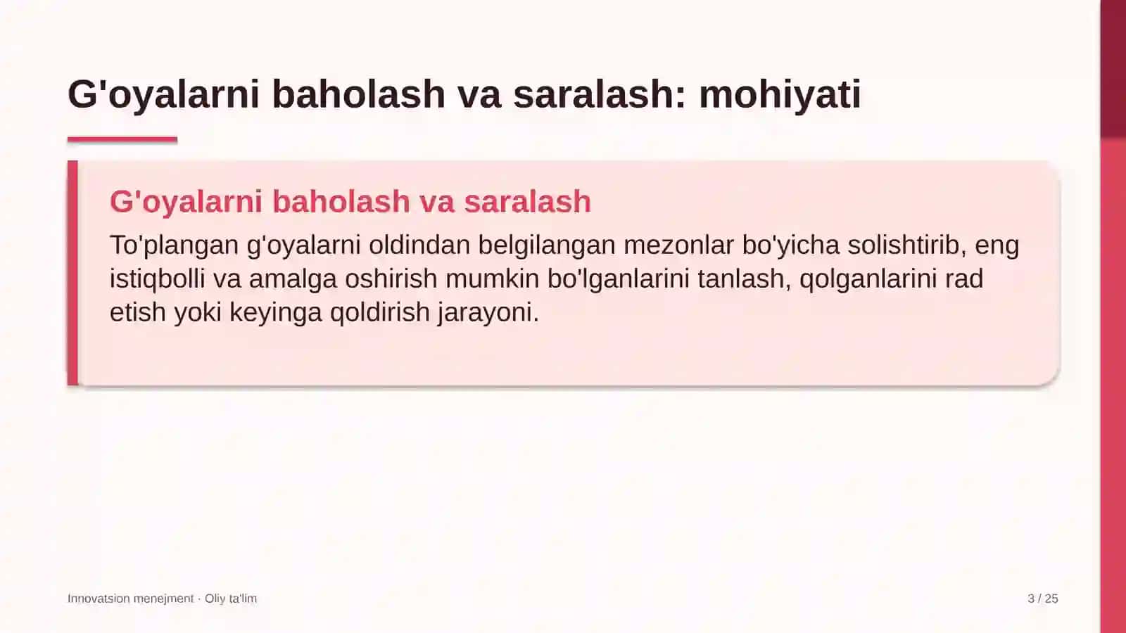 Karshering xizmatida g'oyalarni baholash va saralash 3