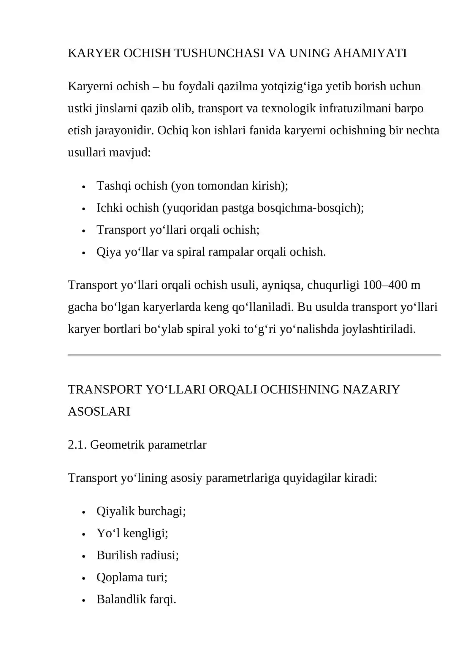KARYER OCHISH USULLARI: TRANSPORT YO‘LLARI ORQALI OCHISH 3