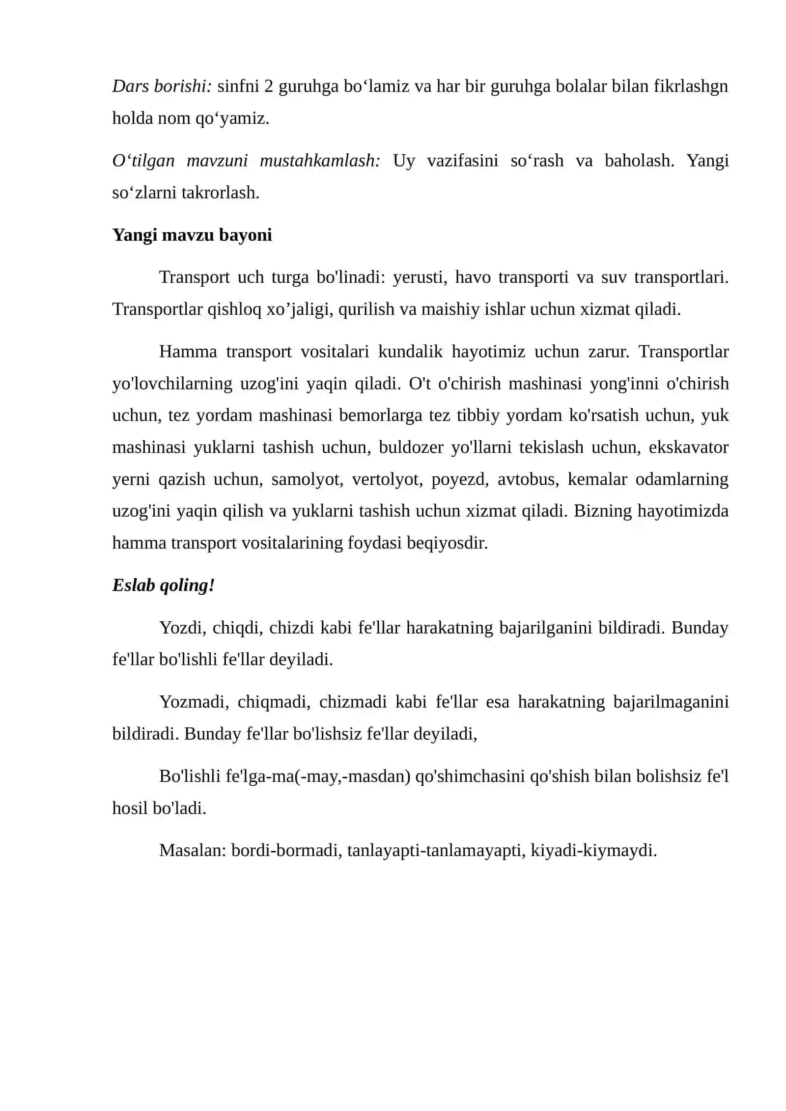 Transport vositalari dars ishlanma 3-sinf o'zbek tili 3