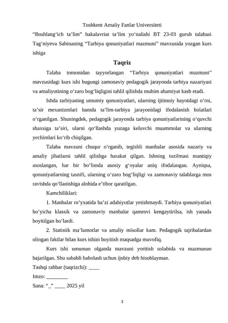"Tarbiya qonuniyatlari mazmuni" 3