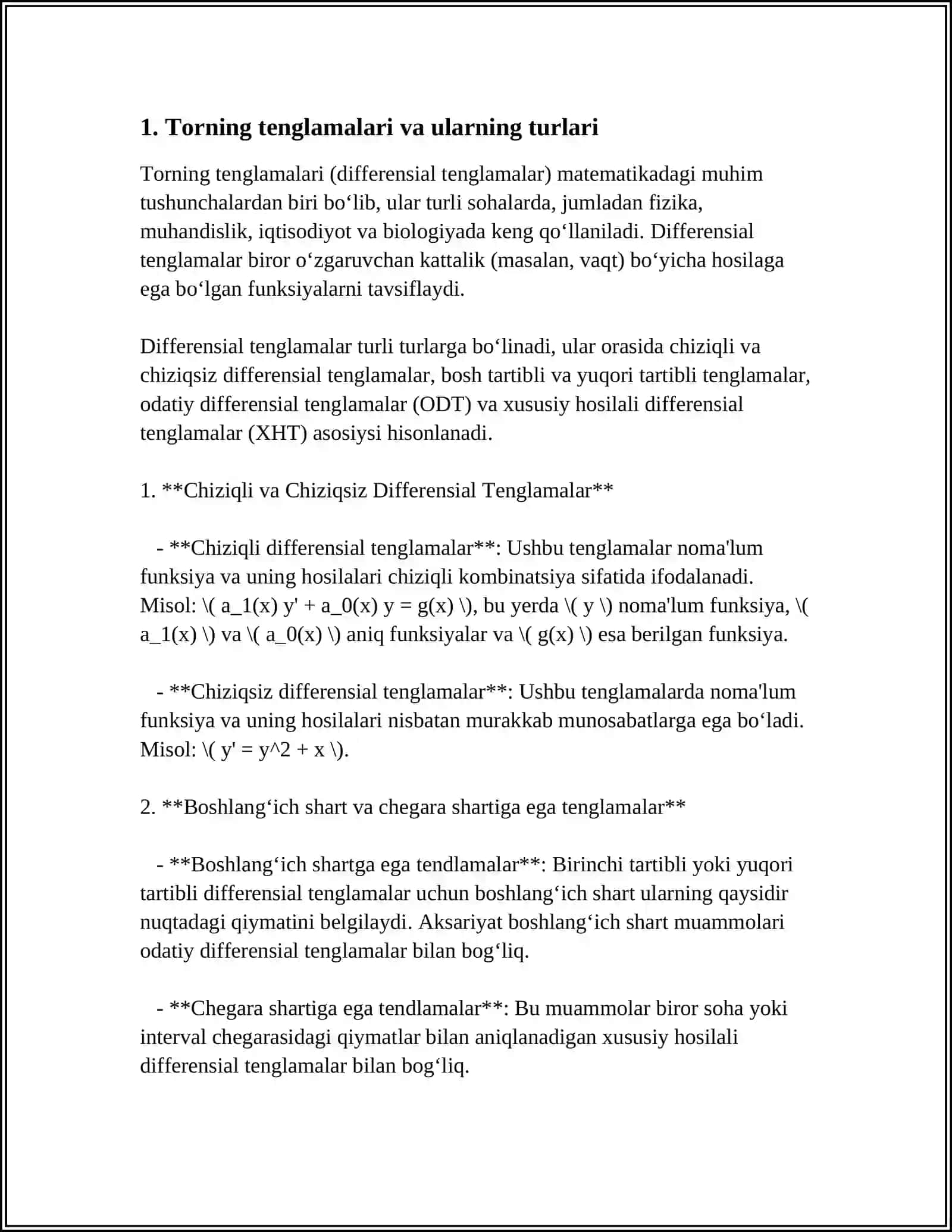 TORNING TEBRANISH TENGLAMASINI DALAMBER USULI VA OʻZGARUVCHILARI AJRATISH USULI BN YOZISH.TORNING MAJBURIY TENGLAMASI 3