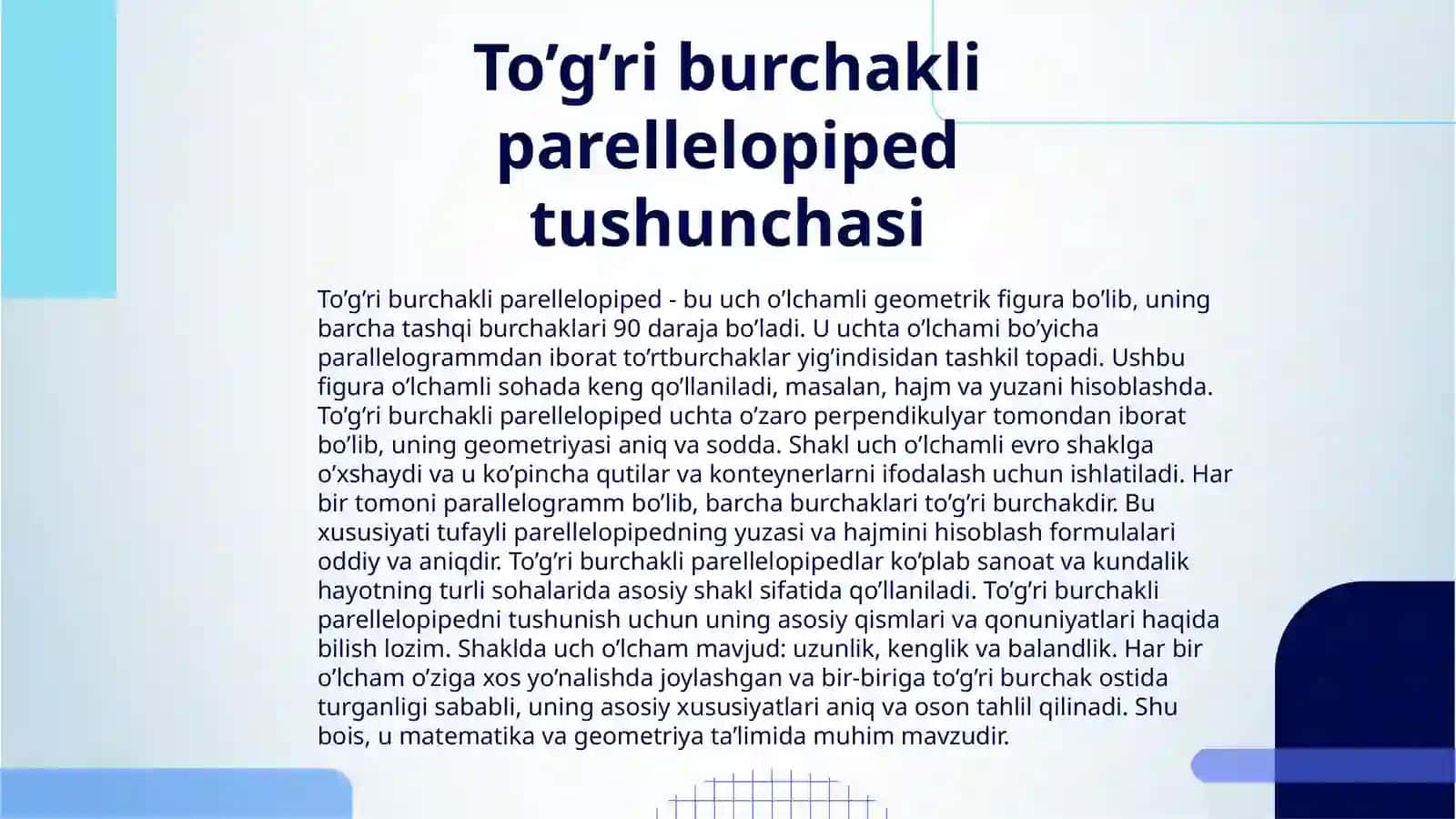 TO’G’RI BURCHAKLI PARELLELOPIPED 3