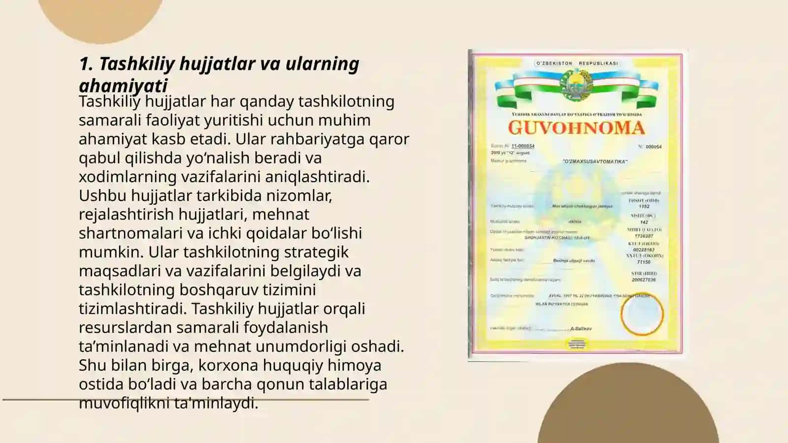 Tashkiliy hujjatlar(guvohnoma,yo'riqnoma,nizom-ustav,shartnoma) 3