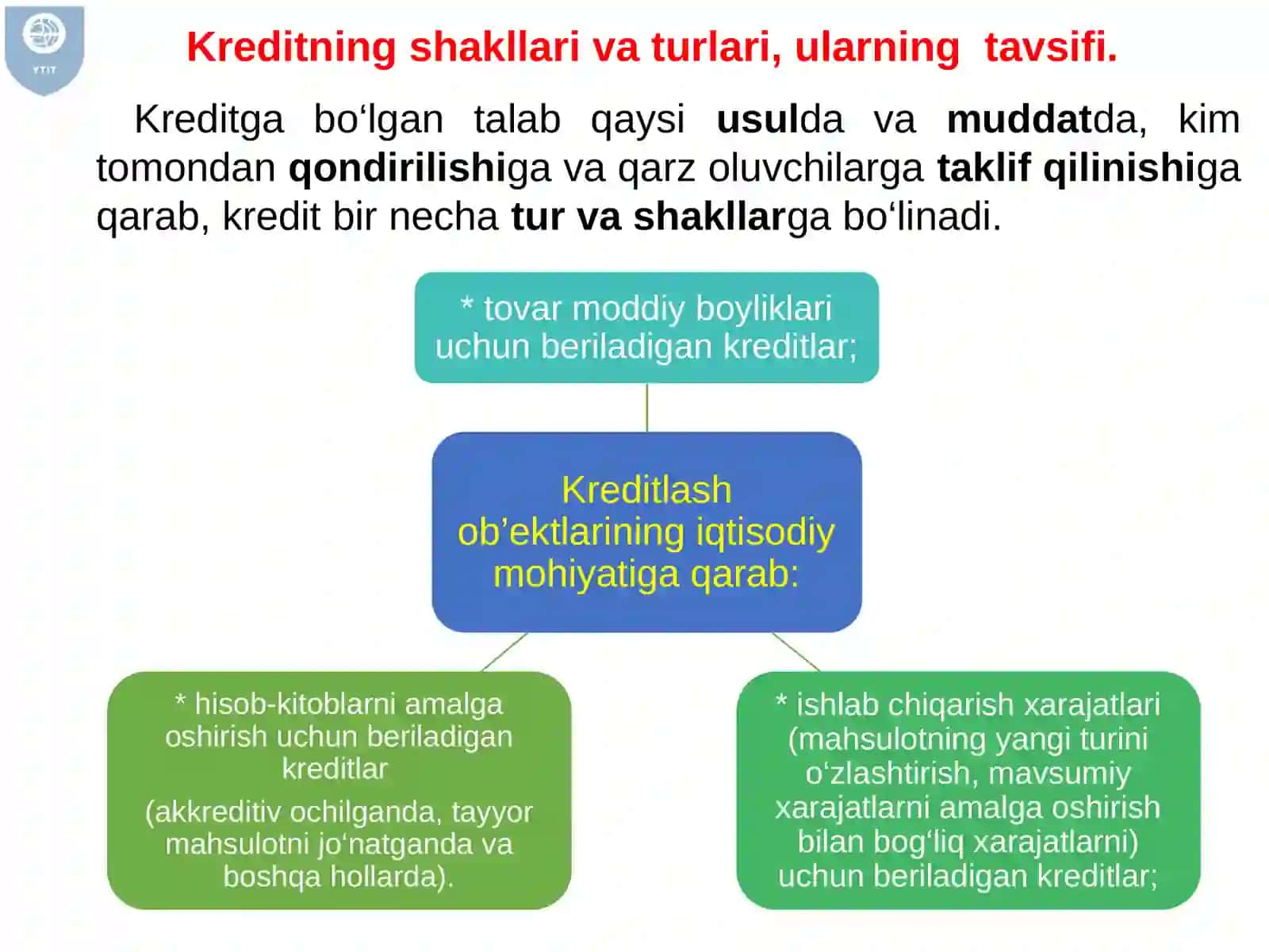 Kreditning shakllari va turlari. Kredit tizimi va uning elementlari 3