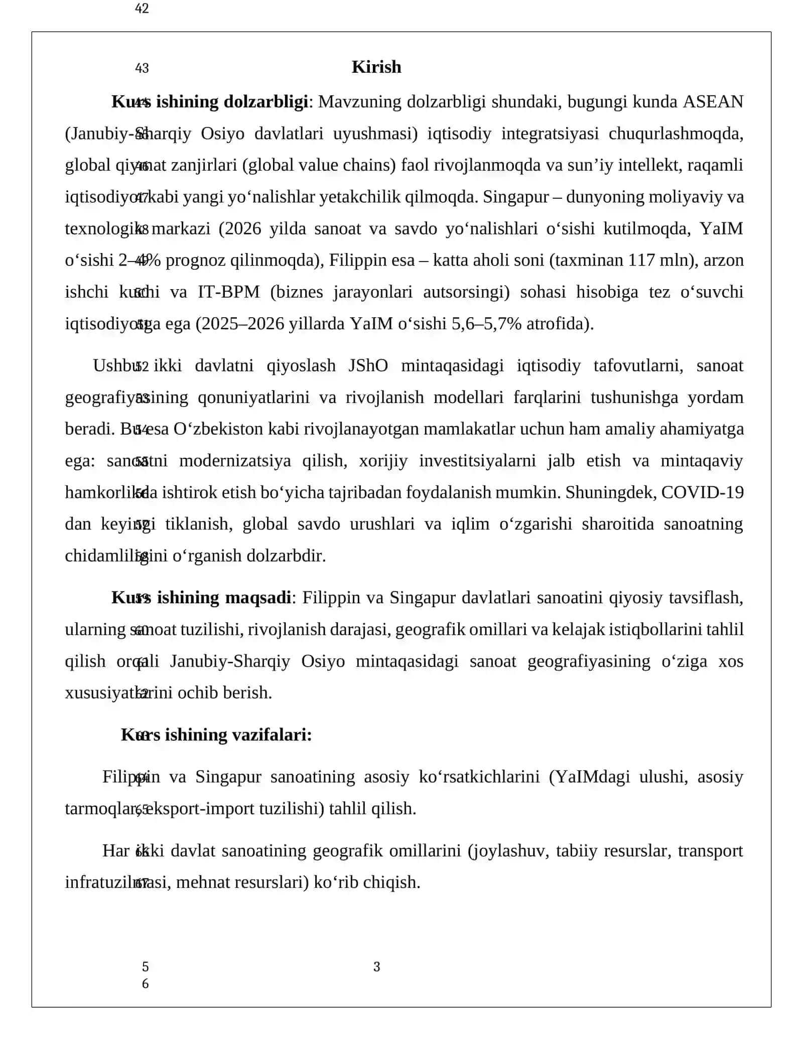 Geografiya va Agranomiya fakulteti Geografiya yoʻnalishi 4 kurs 022-12 guruh talabasi Sidiqova Sabrinaning Jahon geografiyasi fanidan: Janubiv Sharqiv Osiyo mamakatlaridan Filippin va Singapur davlatlari sanoatiga qiyosiy tavsif mavzusida tayyorlagan kurs ishi 3
