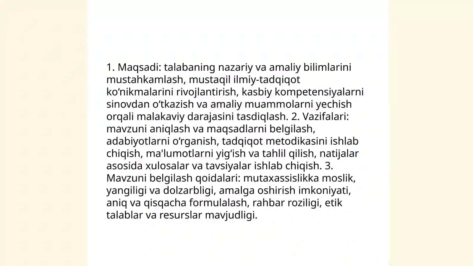 Bitiruv malakaviy ishini yozish va rasmiylashtirish qoidalari bilan tanishish 3