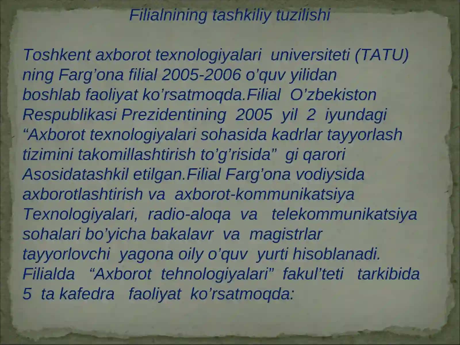 INFORMATIKA fanidan TATU Farg’ona Filiali 3