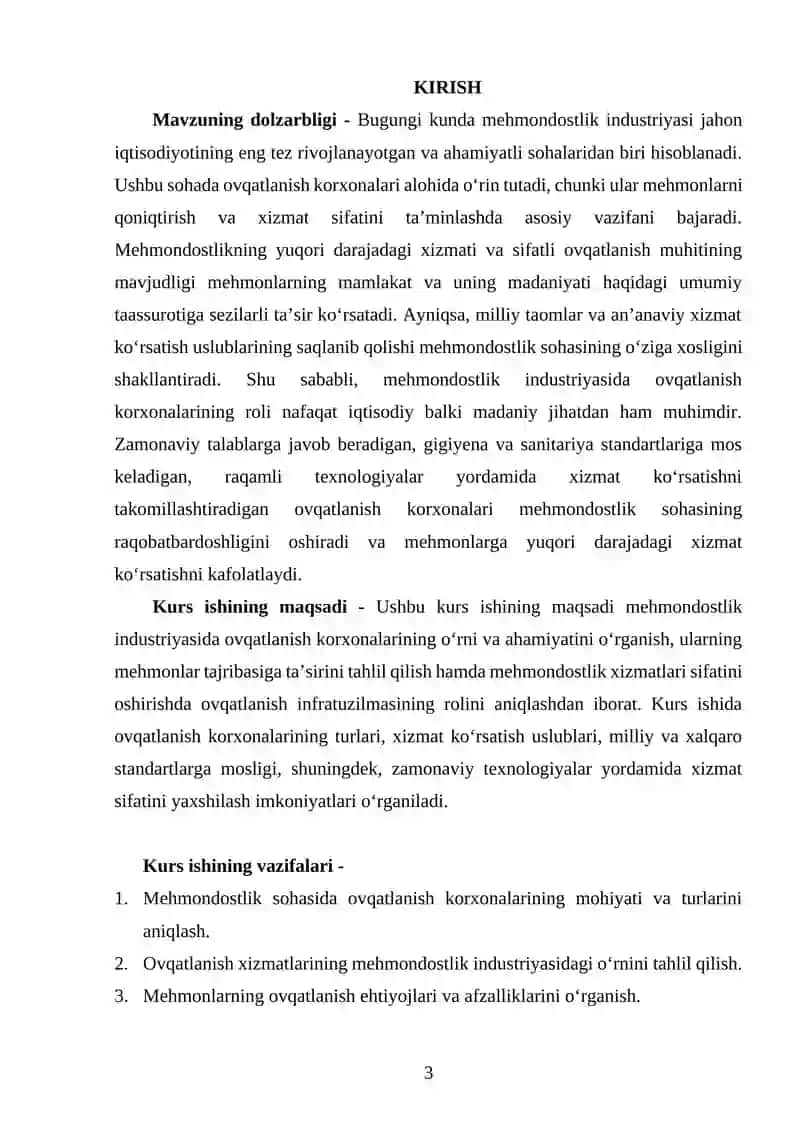 "MEHMONDOSTLIK INSTURIYASIDA OVQATLANISH KORXONALARINING O'RNI" MAVZUSIDA YOZGAN KURS ISHI 3