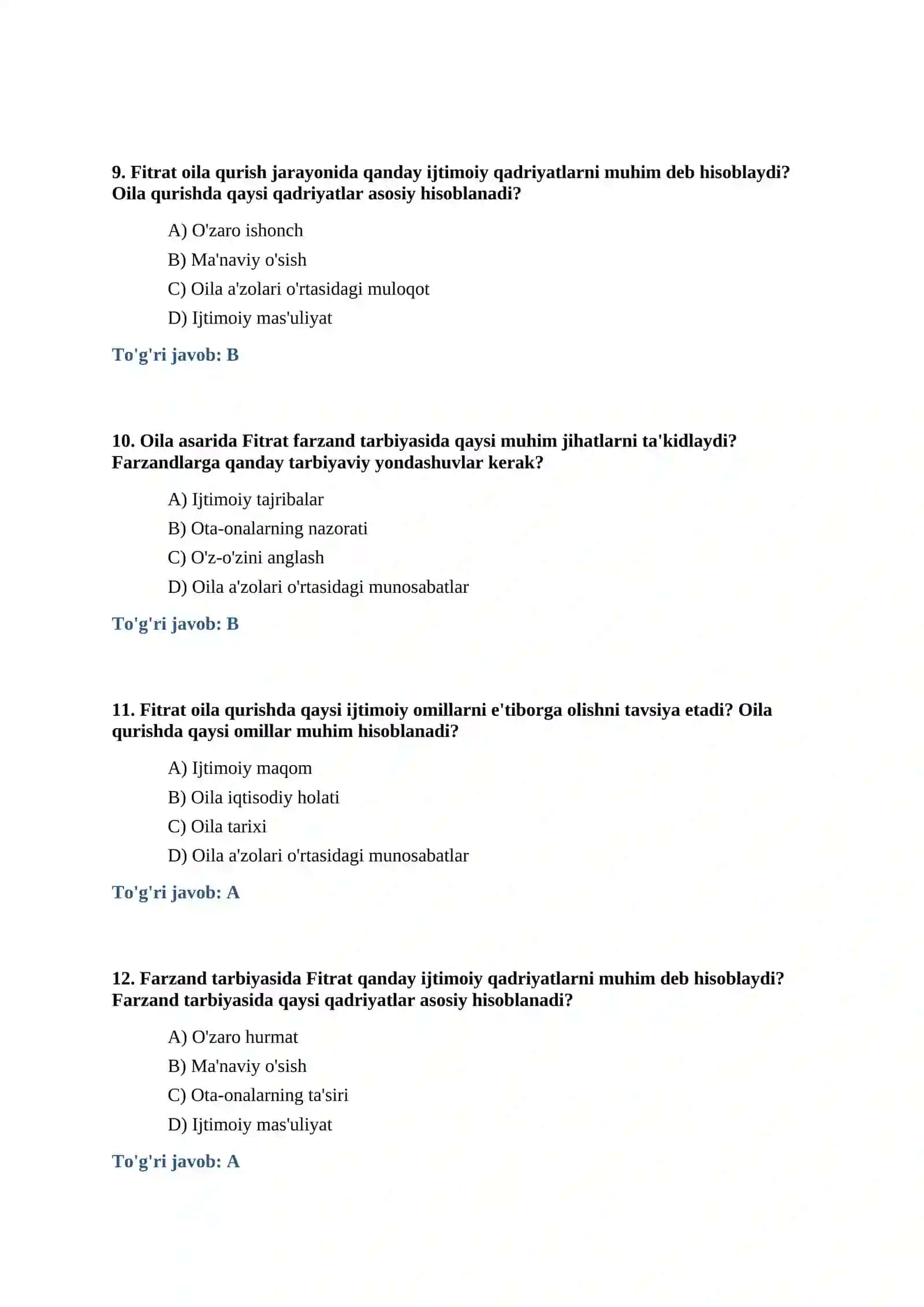 Abdurauf Fitratning Oila asari test savollari javobli 3